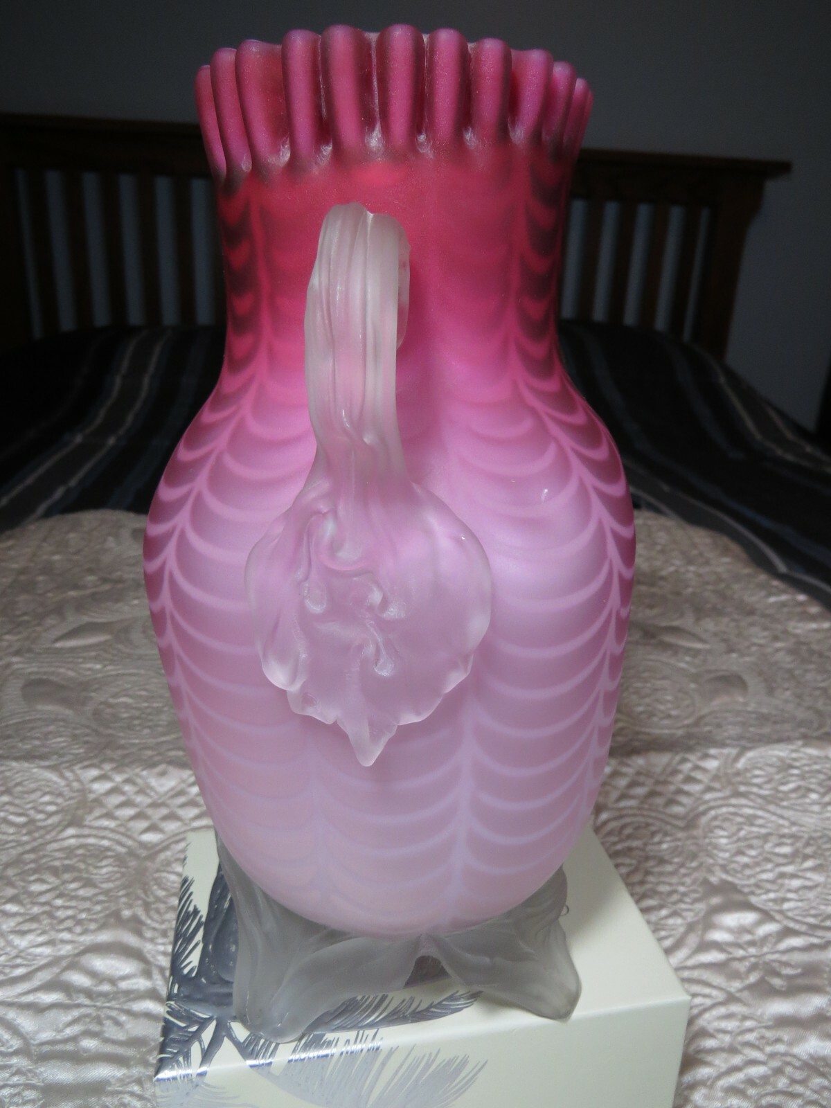 RARE VICTORIAN MAGENTA ART GLASS SATIN  MOTHER OF PEARL VASE LARGE CANDY RIBBON