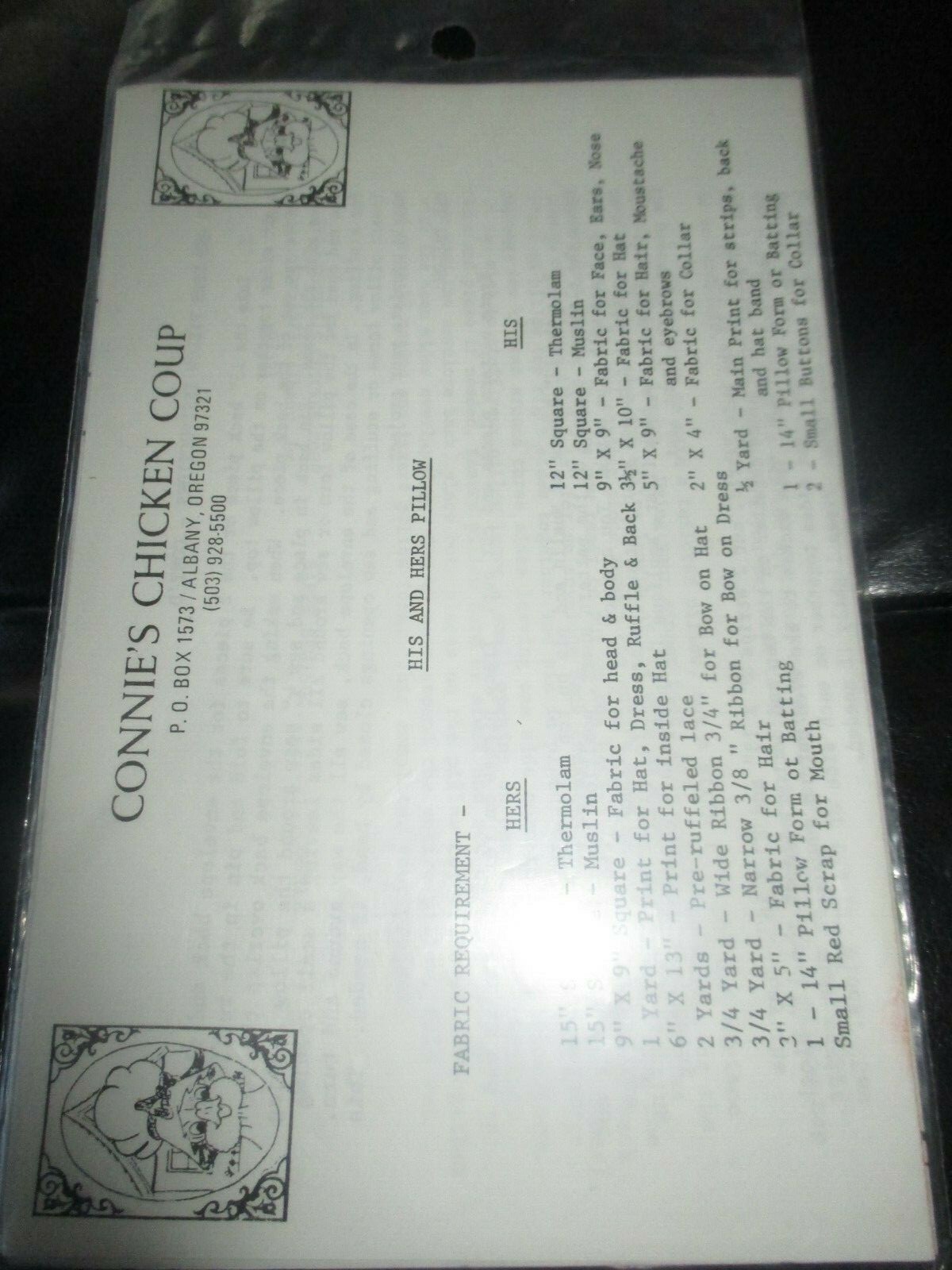 VINTAGE Connie's Chicken Coop HIS & HERS PILLOWS Quilting/Sewing PATTERN - 1980