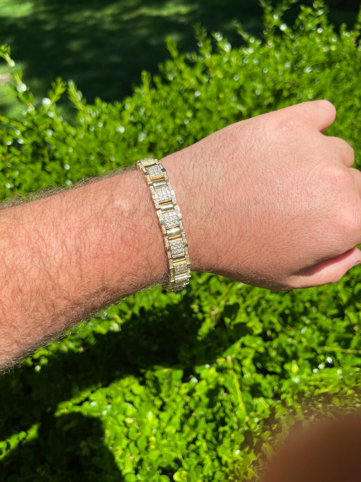 14K GOLD PLATED ブレスレット 925 (シルバー) Men's Real 14k Gold Plated 925 Silver Bracelet Iced CZ Out