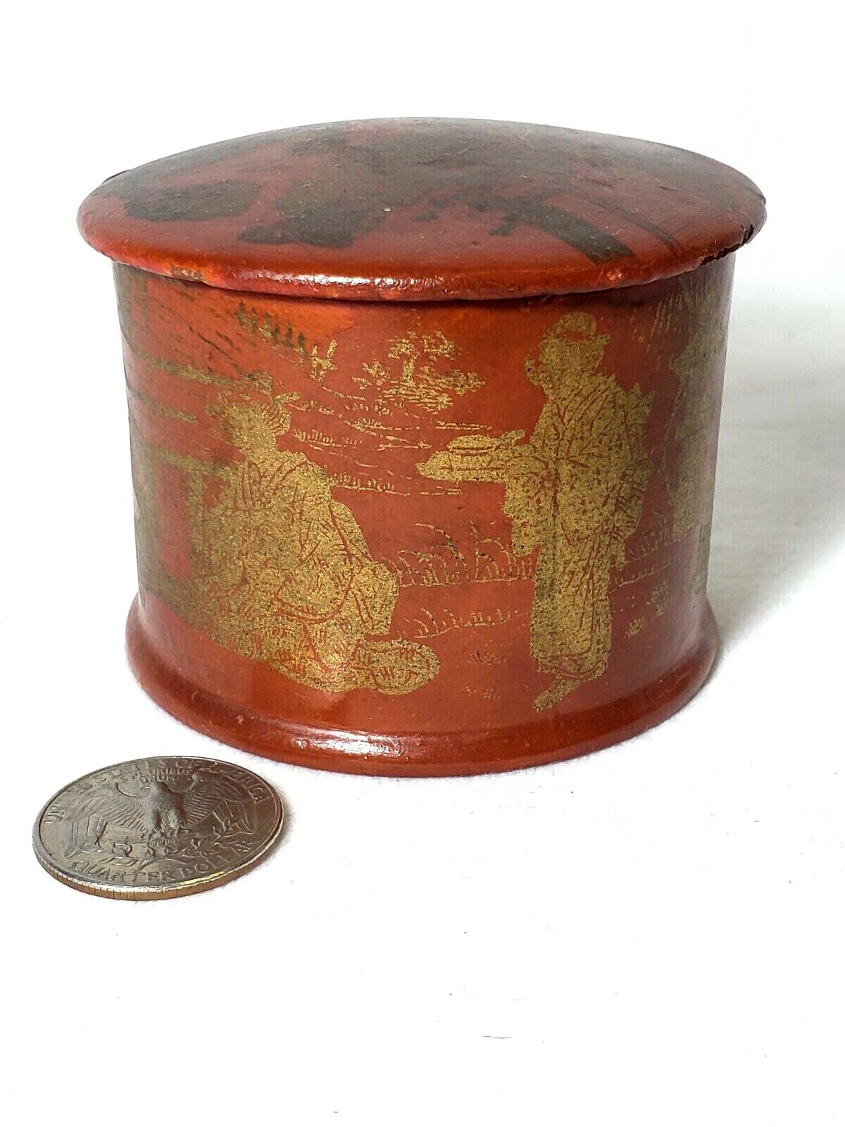 18th Century Japanese Orange Red Lacquered Wooden Tea Caddy Lidded Box