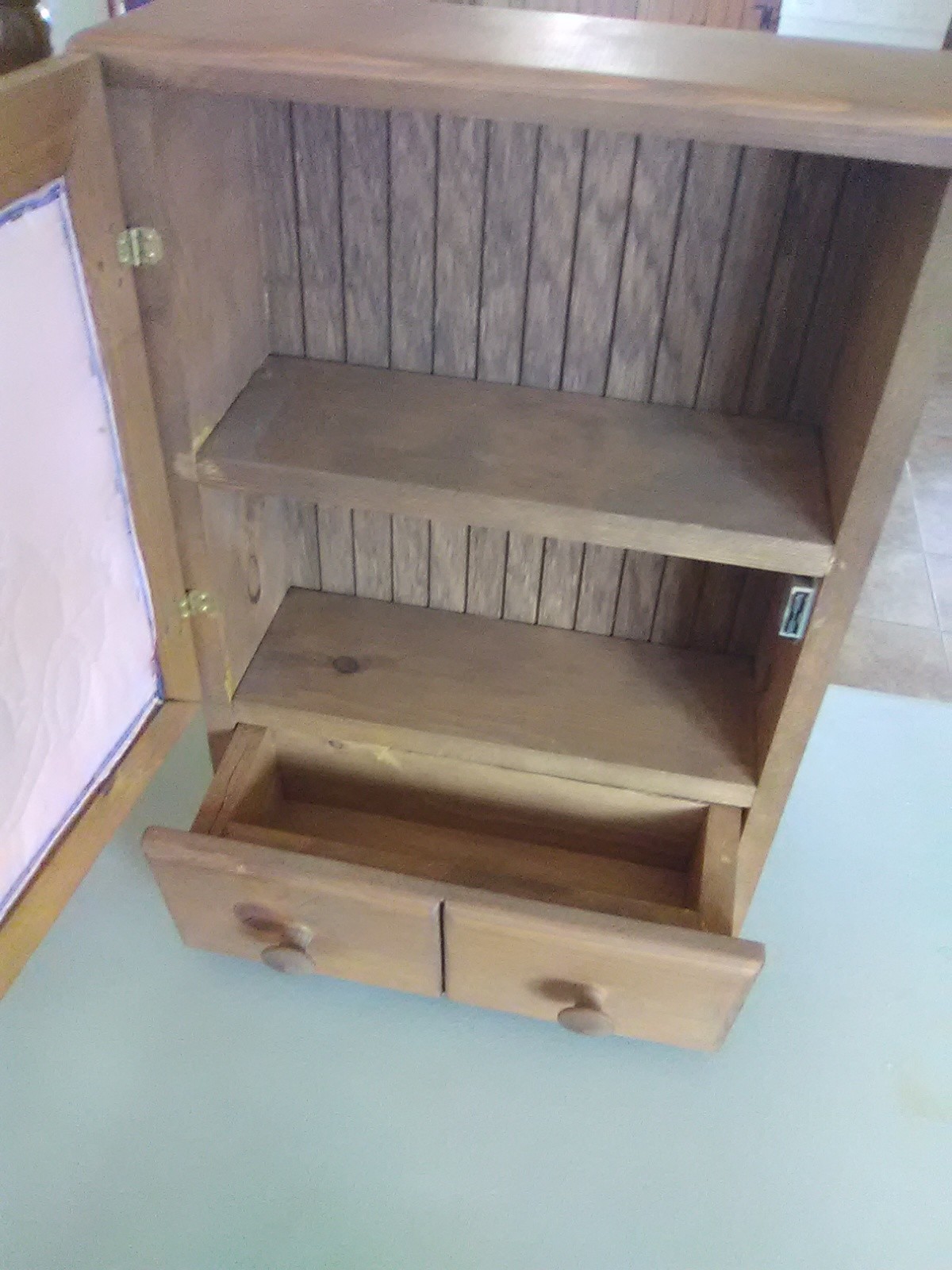 Small Wood  Cabinet with Door and Drawer and Quilted Bear