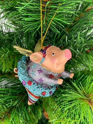 Christbaumschmuck Figur "Schwein mit Flügeln" Weihnachten blau-rot-lila 10cm