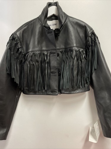 Pre-owned Re/done Re Done, Leather Fringe Jacket Women Size S Black Cropped Clubwear Crop