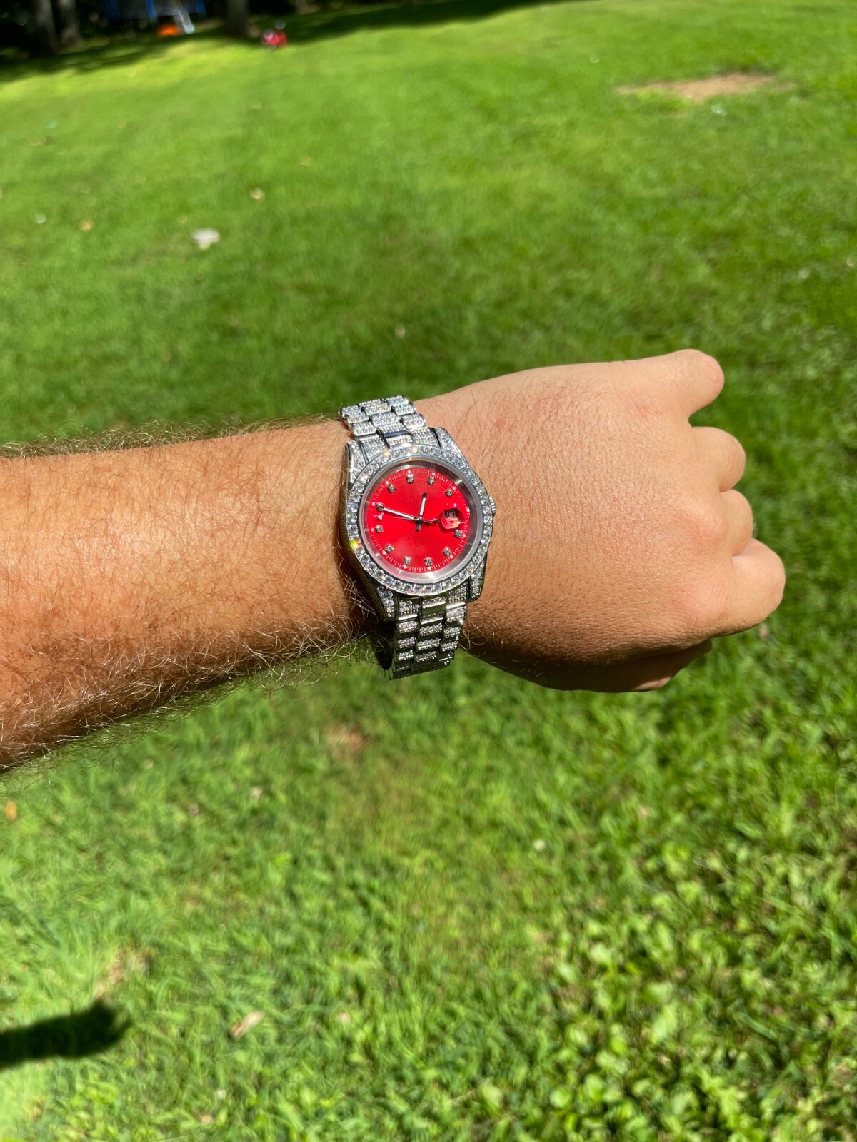 Pre-owned Harlembling Men Red Dial Presidential Real Ss 41mm Watch Fully Iced 12ct Flooded Out Cz