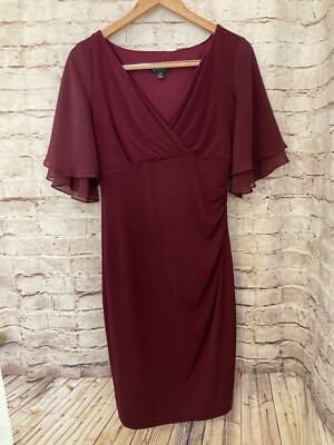 Connected Dress Womens 6 Petite Midi Ruched Flowy Half Sleeve Maroon V Neck