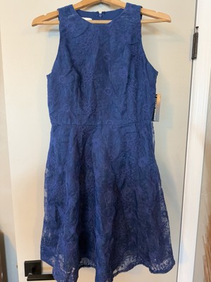 Navy Blue Sleeveless Fit & Flare Dress, Lace Overlay, By Donna Morgan, Size 6