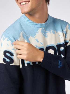Pre-owned Mc2 Saint Barth Man Crewneck Sweater With St. Moritz Postcard Jacquard Print In Blue