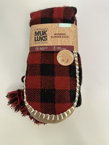 MukLuks Womens Size 8-10 L/XL Red Black Lumberjack Plaid SLIPPER socks