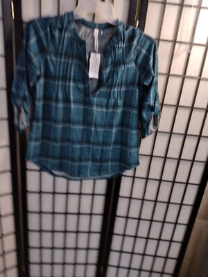NY COLLECTION LADIES PLAID BLOUSE 3/4  COLLAR SIZE SMALL NWT