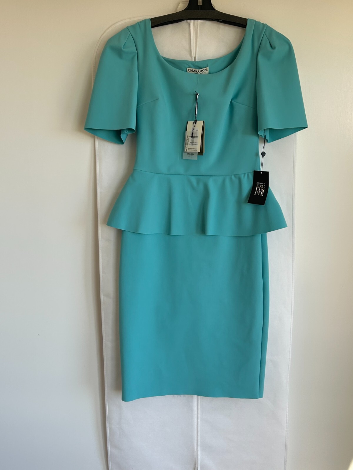 Pre-owned Chiara Boni Siglumi Peplum Dress 10u.s./46it Turquoise Msrp$750 In Blue