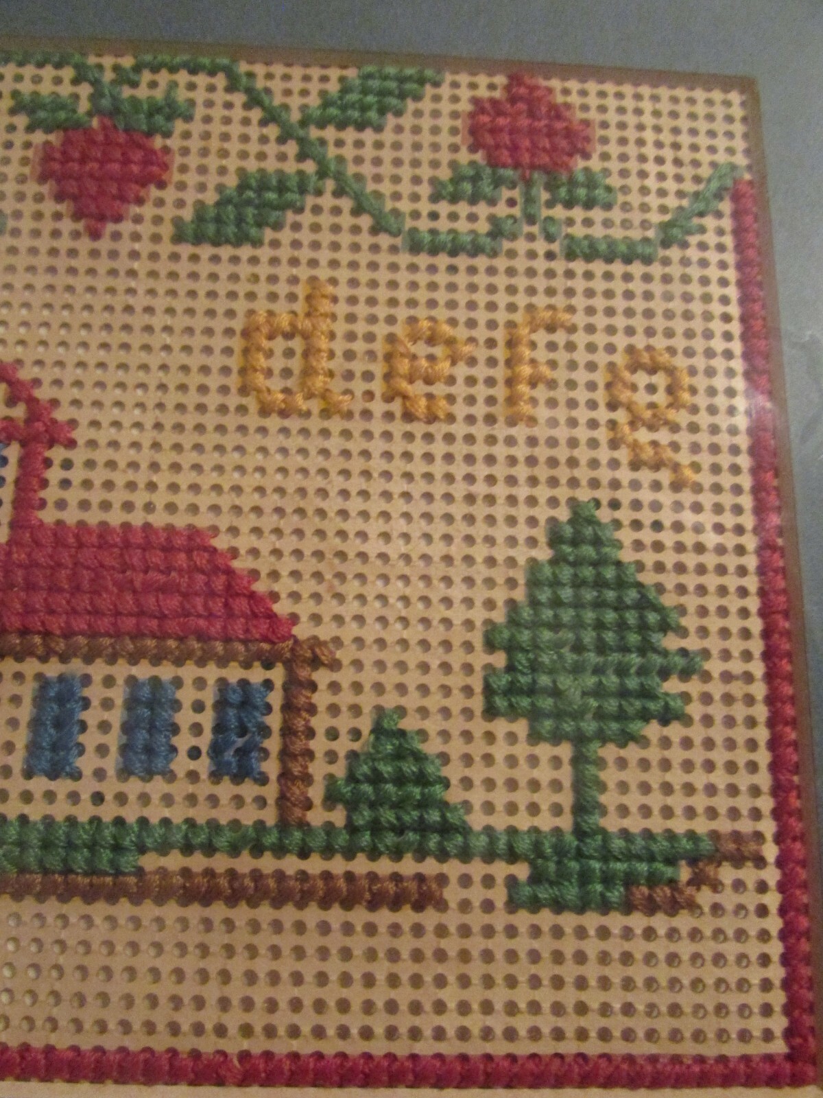 VINTAGE SCHOOL HOUSE MATTED SAMPLER PUNCH PAPER PICTURE IN CROSS FRAME