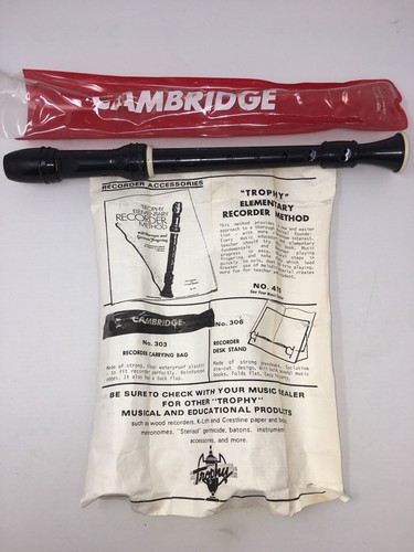 Black Elementary Recorder W/ Carrying Bag & Instructions 10.5” Cambridge Trophy