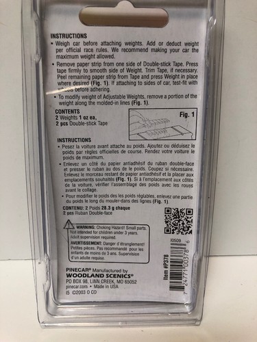 Woodland Scenics Pine Car Derby Adjustable Stick On 2 Weights @ 1 Ounce Each