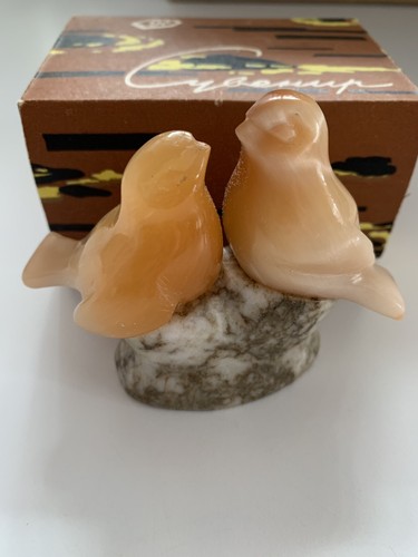 Small Russian Marble Pink Alabaster Love Birds Figurine W/box