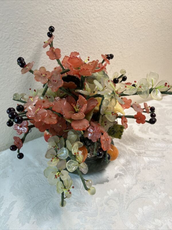 Vintage Chinese JADE Rose Quartz Agate Stone Flower tree Fruit Basket