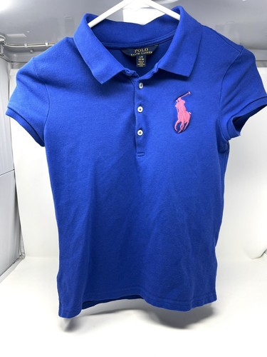 Polo Ralph Lauren Girls Shirt 12-14 Blue Short Sleeve Pink