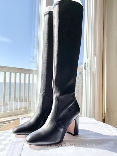 Stuart Weitzman Milla Black Stretch Leather Tall Block Heel Stuart Weitzman Milla Black Stretch Leather Tall Block Heel