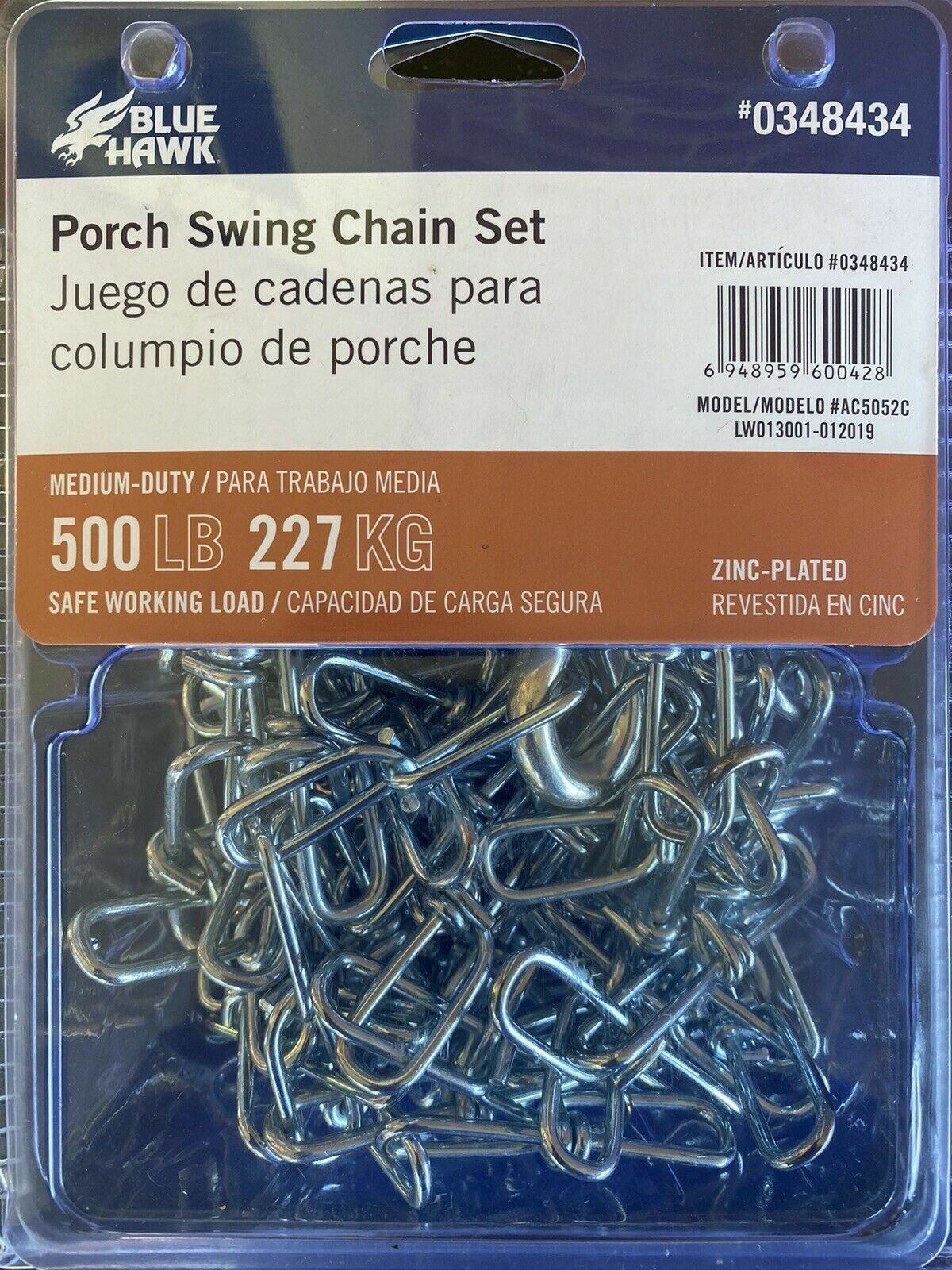 Blue Hawk Porch Swing Chain Set Zinc Plated Safe Working Load 500 lb - NEW