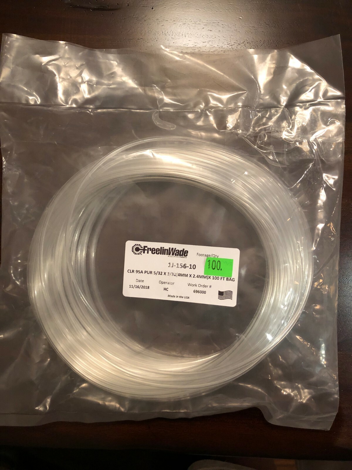 **NEW** FREELINWADE 1J-156-10        1J15610   CLR 95A PUR 5/32 x 3/32 x 100FT