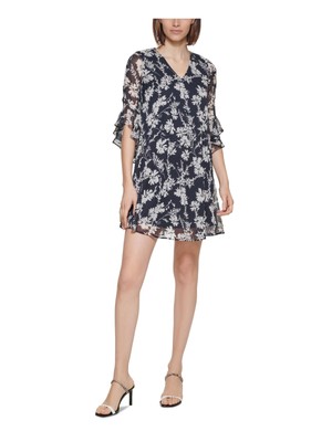 CALVIN KLEIN Womens Navy Lined Keyhole Bell Sleeve V Neck Short Shift Dress 6
