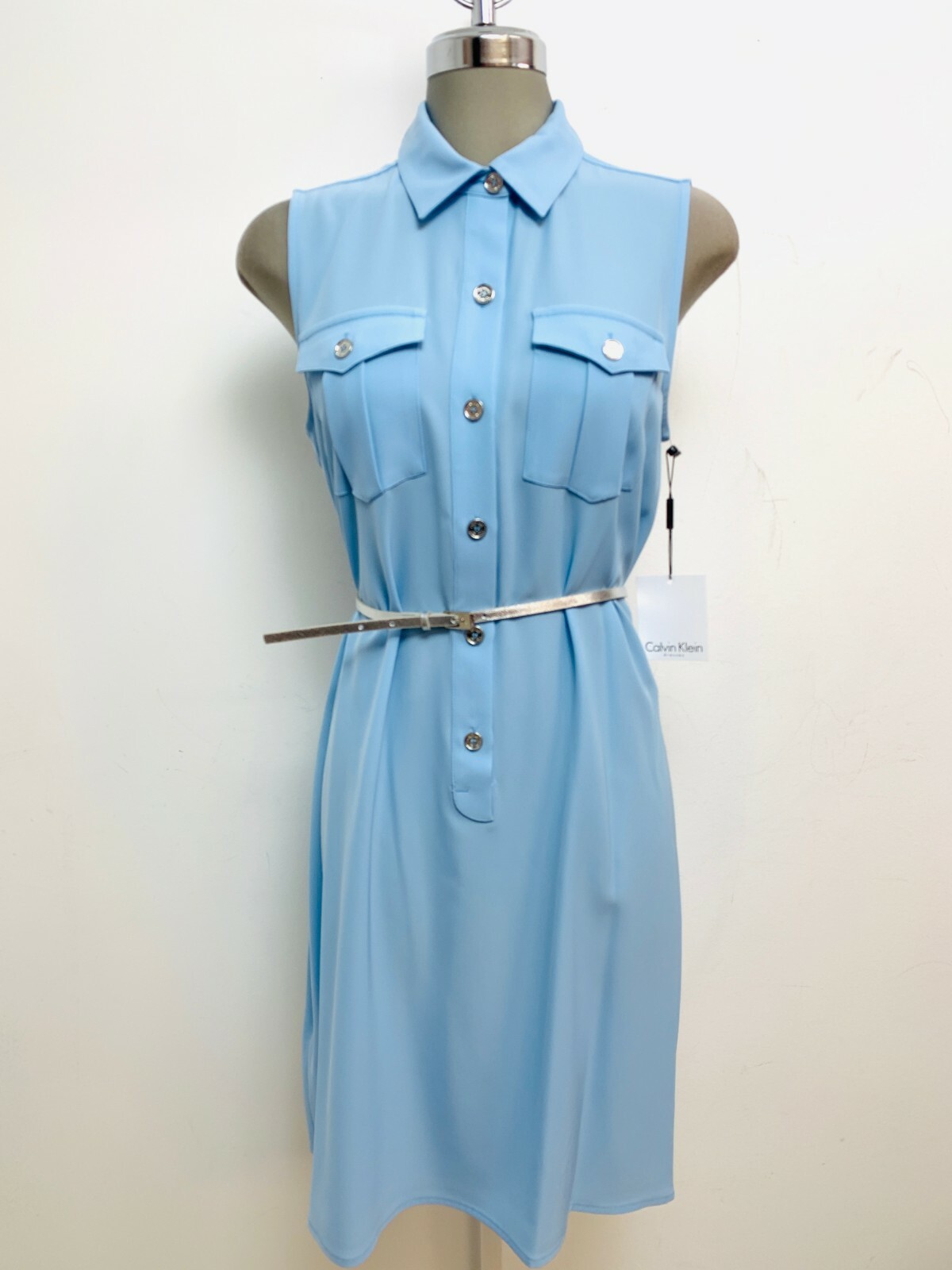 Новое платье-рубашка с поясом и нагрудными карманами Calvin Klein NWT Modern BLUE ICE, размер 8