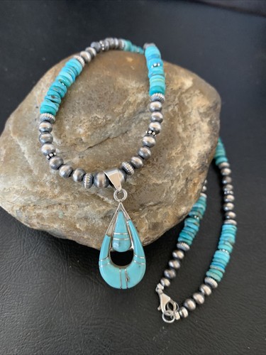 Pre-owned Handmade Womens Blue Turquoise Inlay Pendant Navajo Pearls Sterling Silver Necklace 12501