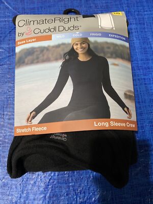 Climate Right Cuddl Duds Women's Long Sleeve Crew Stretch Fleece Size L Black