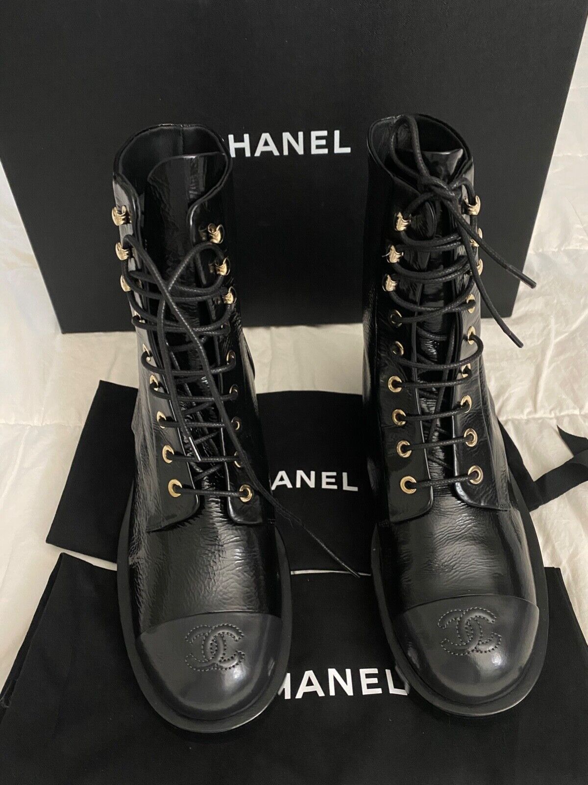 Chanel Combat Lace Up Boots Shiny Goatskin Black & Dark Gray Chanel Combat Lace Up Boots Shiny Goatskin Black & Dark Gray