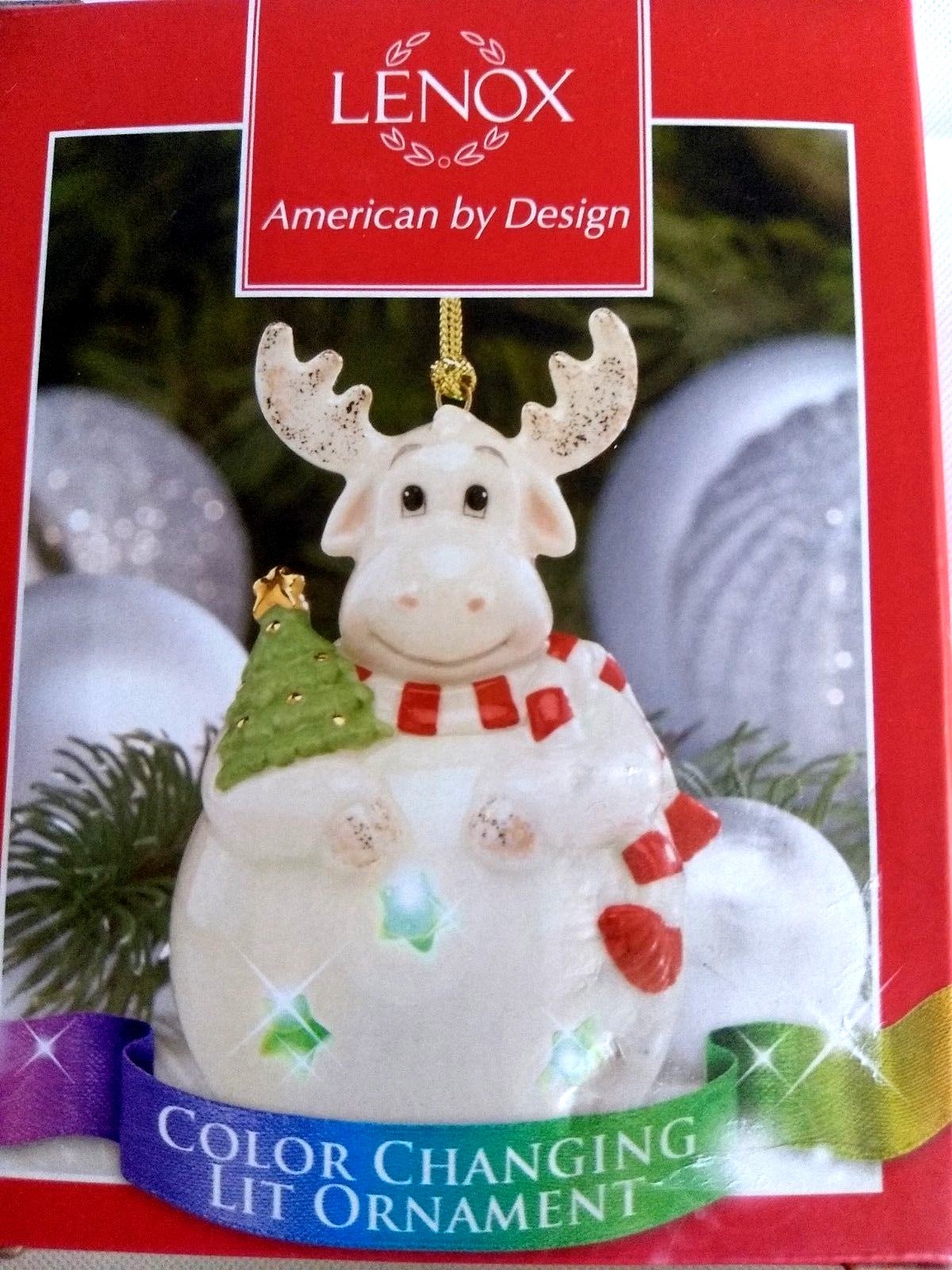 NEW Lenox Christmas Ornaments Color Changing Lit Set of 2 Moose and Snowman