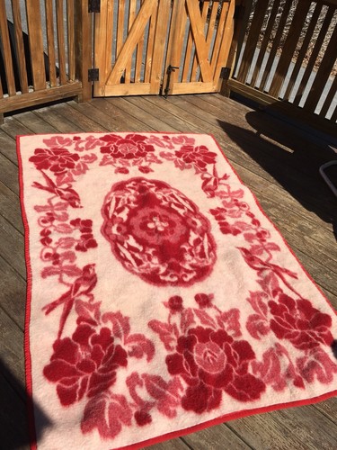 Vtg Swan Wool Reverse Print Blanket Throw Birds Floral Red And Cream Reversible