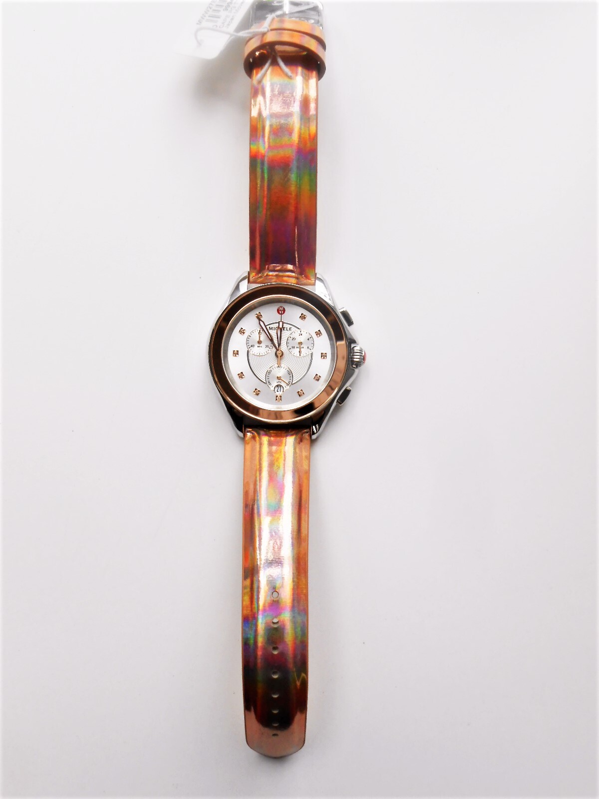 Pre-owned Michele Cape Chrono Diamond Topaz Leather Strap Watch Rose Gold Silver Bnib $595