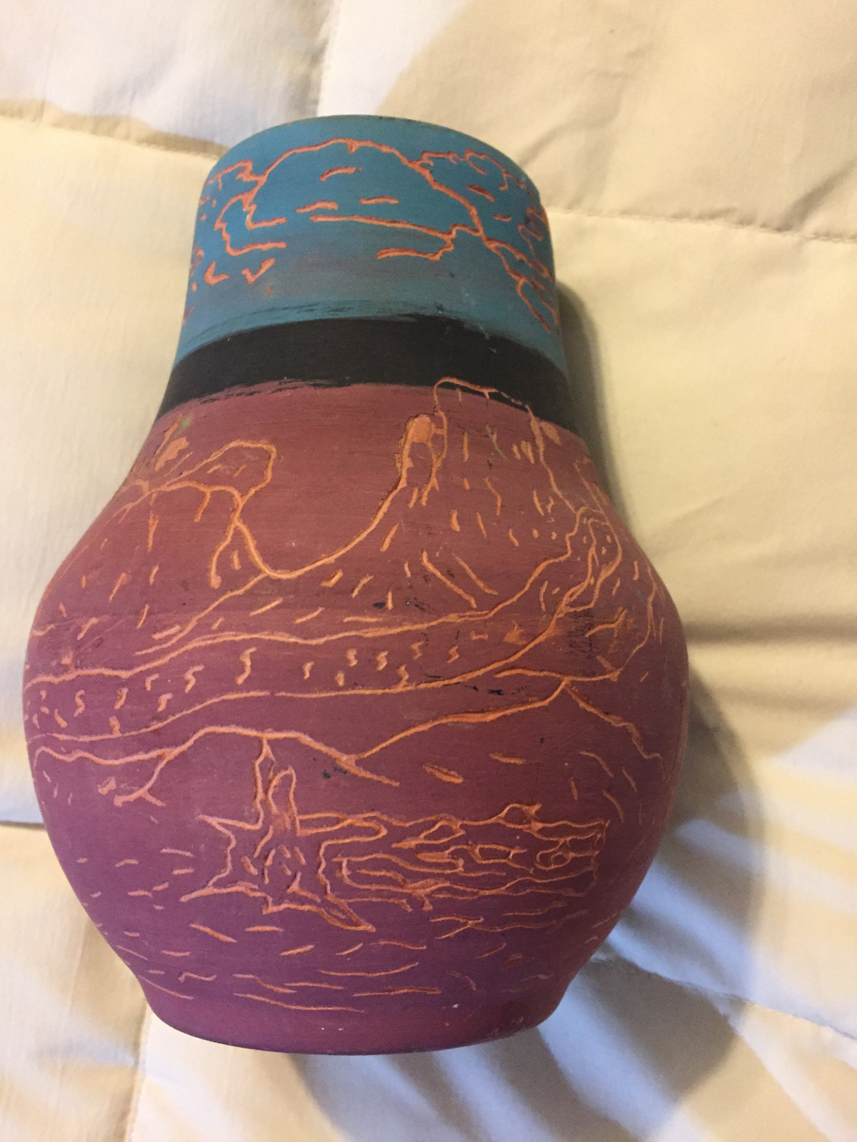 VINTAGE NAVAJO ETCHED DONOVAN THOMPSON RED BLUE MOUNTAIN POTTERY VASE BOWL!