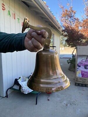 Nautical Hanging Door Bell Antique Brass Ship 6'' Big With Wall Mounted Bracket