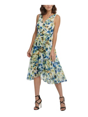

Женское синее платье миди с вырезом на пуговицах и поясом DKNY Wear To Work Faux Wrap Dress, Синий