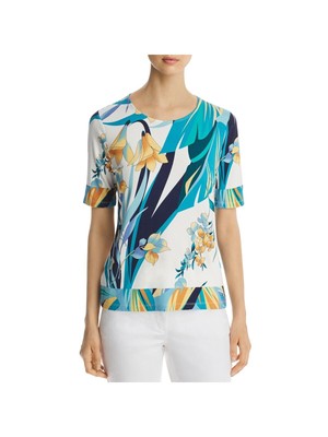 

BASLER Womens Aqua Stretch Printed Short Sleeve Jewel Neck Wear To Work Top