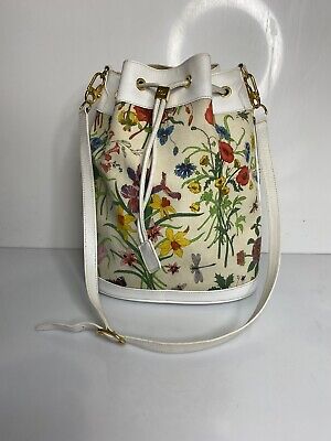 Vintage Gucci Bucket Bag Floral Drawstring White Leather