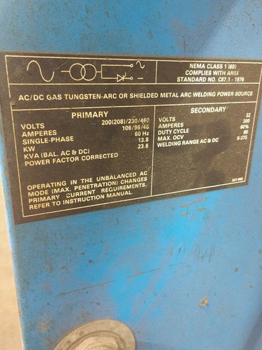Miller Syncrowave 300 AC/DC Tungsten-Arc Welding Power Source 230/460v 1ph