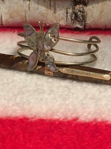 Vintage Silver Over Copper MOP Abalone Inlay Butterfly Tribal Cuff Bracelet