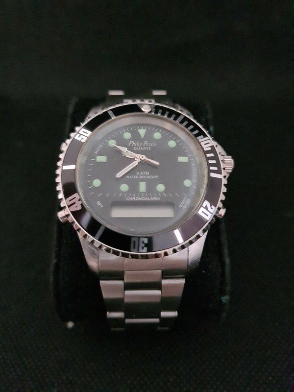 Rare Montre Vintage Philip Persio Chronoalarm Quartz 40 Mm Acier Ref F147