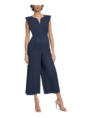 CALVIN KLEIN Womens Navy Shoulder Pads Cropped Cap Sleeve Wide Leg Jumpsuit 2