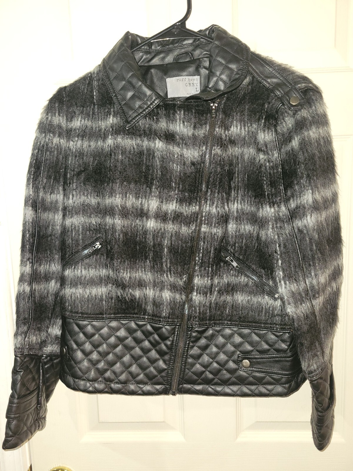 Ruff Hewn Grey Wool Blend Quilted Zip Moto Jacket Black Gray