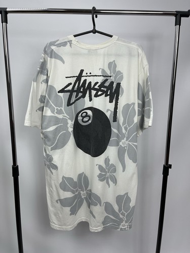 Stussy T-Shirt Big Logo Size XL White Made in Mexico Flowers