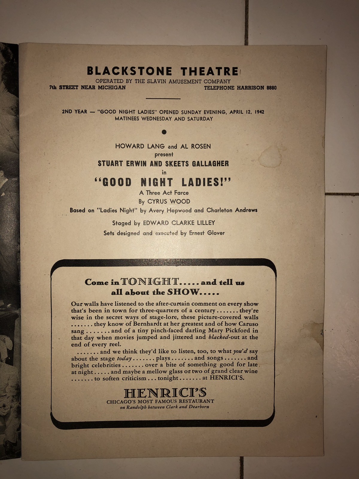 Vintage Chicago Stagebill Good Night Ladies Blackstone Theatre 1942