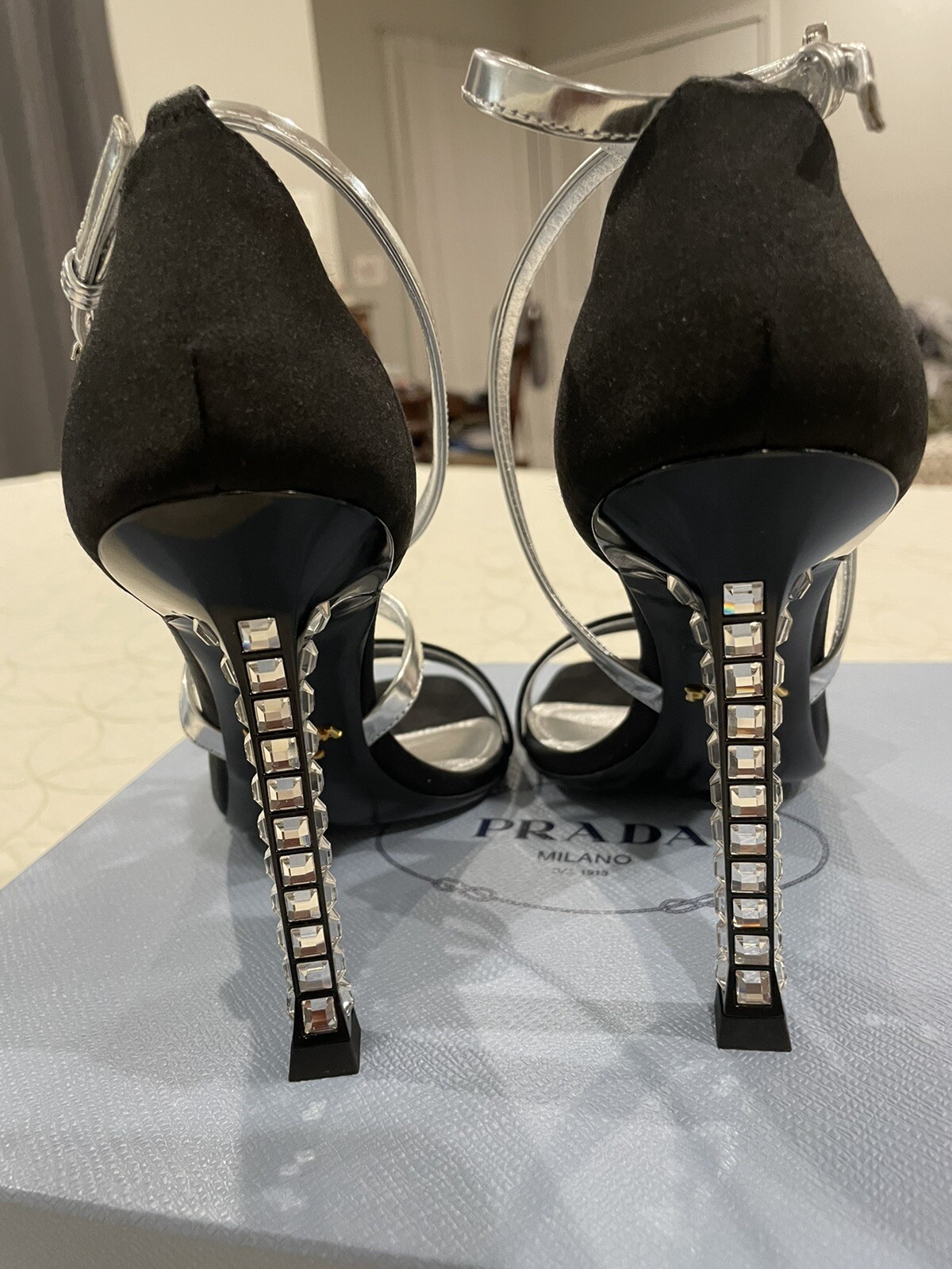 Prada Satin Black Criss Cross Strappy Heels Size 38/7M BRAND