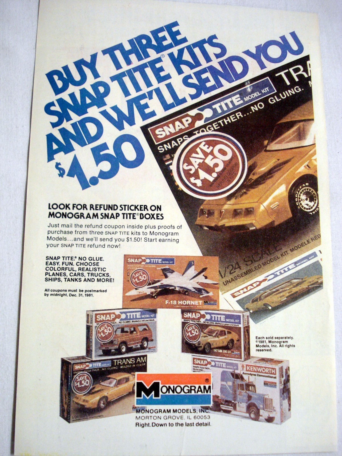 ターキー 1981 Color Ad Monogram Snap Tite Kits Kenworth, Datsun 280