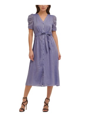 

Женское светло-голубое платье-рубашка миди с поясом и рюшами на рукавах и полу-подкладке DKNY, Light blue