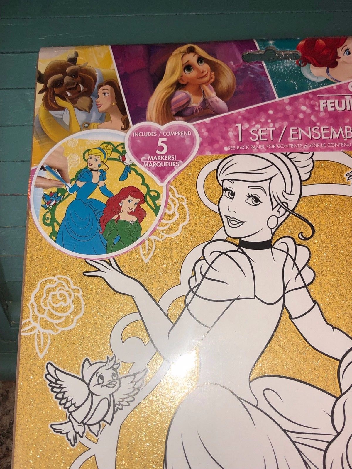NEW Disney Princess CINDERELLA & ARIEL Glitter Coloring Poster & Markers 11x15