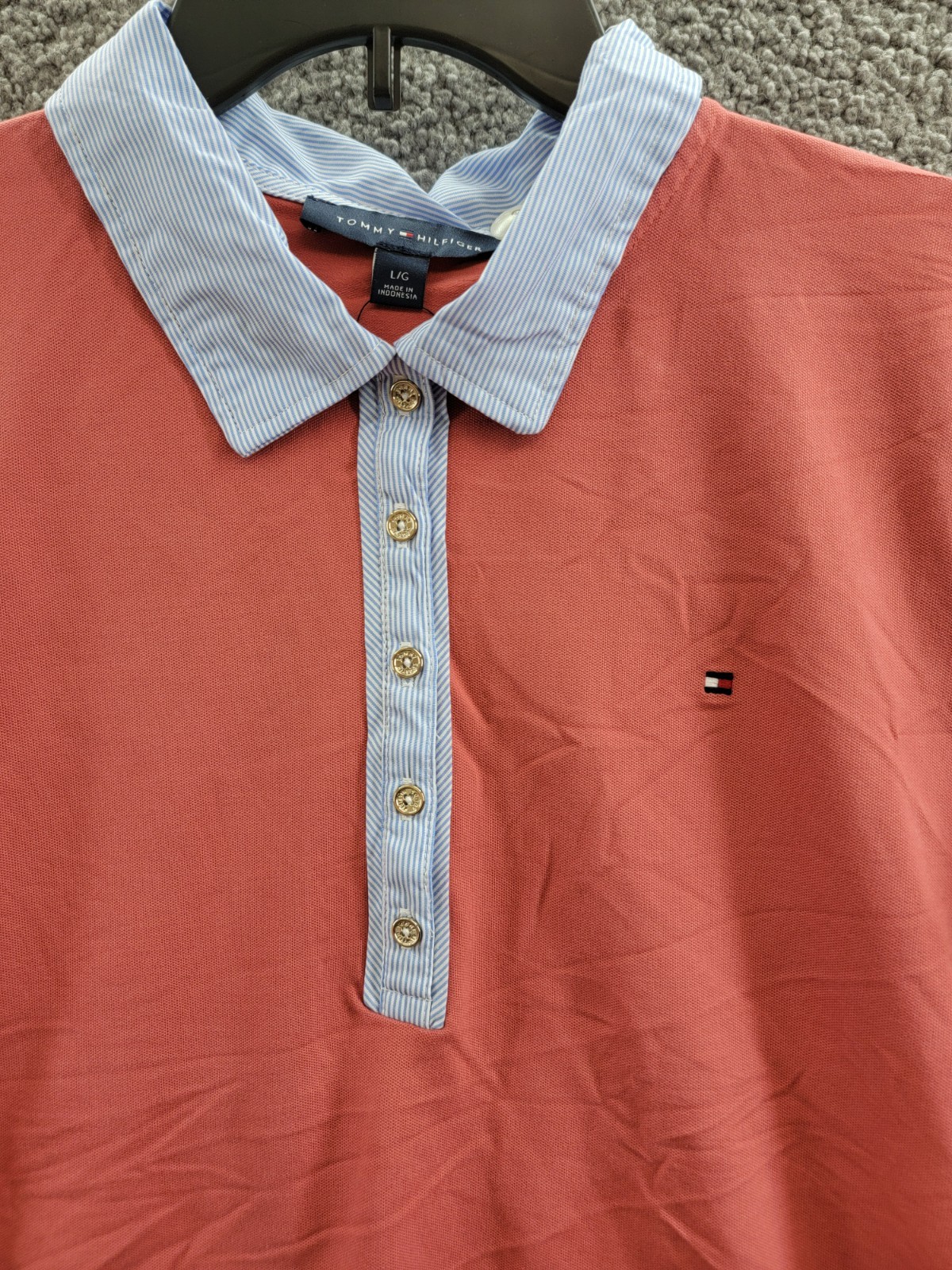 Tommy Hilfiger Striped-Collar Polo Shirt Women's L Min Red Short Sleeve Pullover - Picture 6 of 18