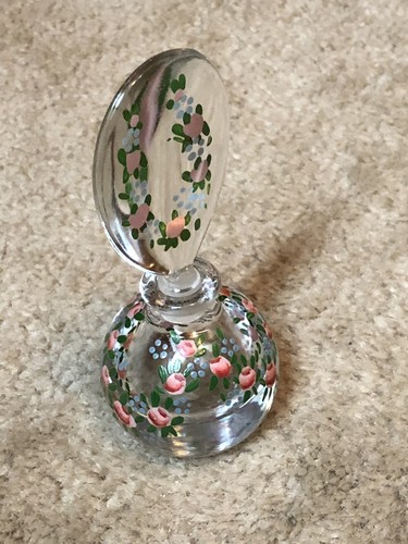 Vintage Enameled Roses On Crystal Perfume Bottle With Glass Stopper