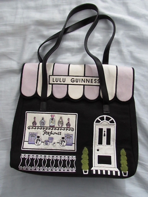Vintage Lulu Guinness Black Canvas Perfume Shop Embroidered Bag Purse Tote Fun